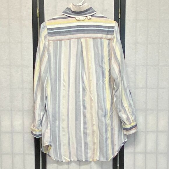 Café Marrakesh Stripe Tunic Shirt M Relaxed Roll Sleeve Button-Up Collared Top - Picture 6 of 12